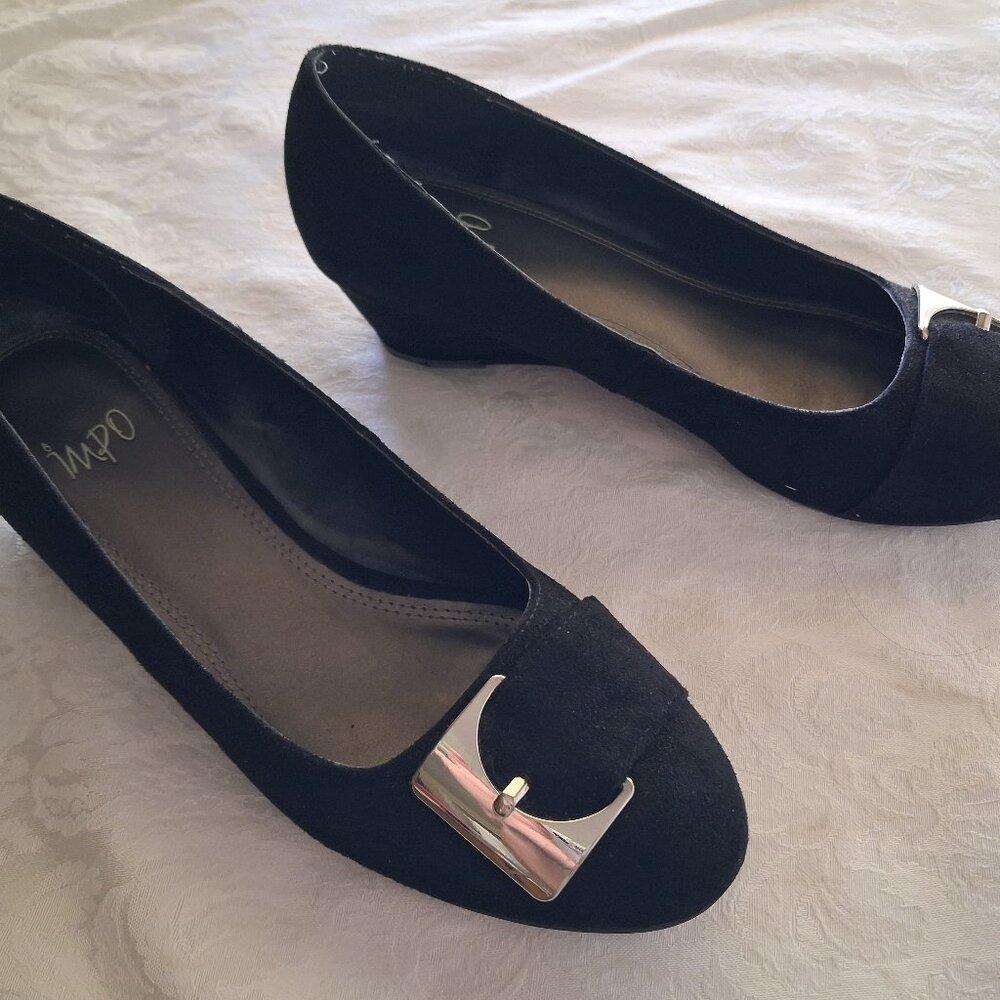 IMPO "Gusta" Black Suede Low Wedge Pumps with Silver Buckles